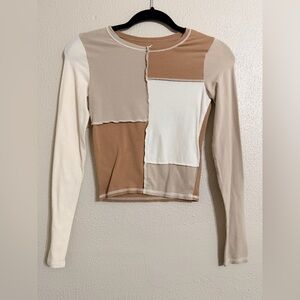 Hollister Patchwork Long Sleeve Baby Tee Top - Cream and Tan